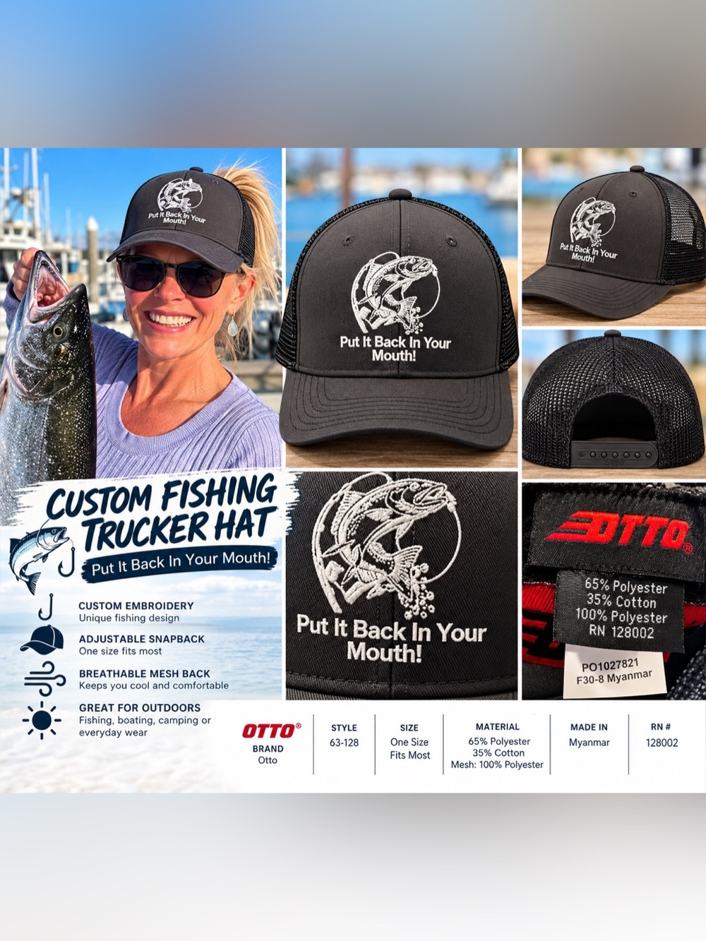 Custom Fishing Trucker Hat in Black NWOT